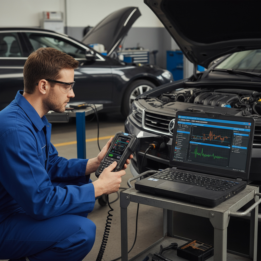 Diagnosetool am OBD-Port mit Laptop-Auswertung