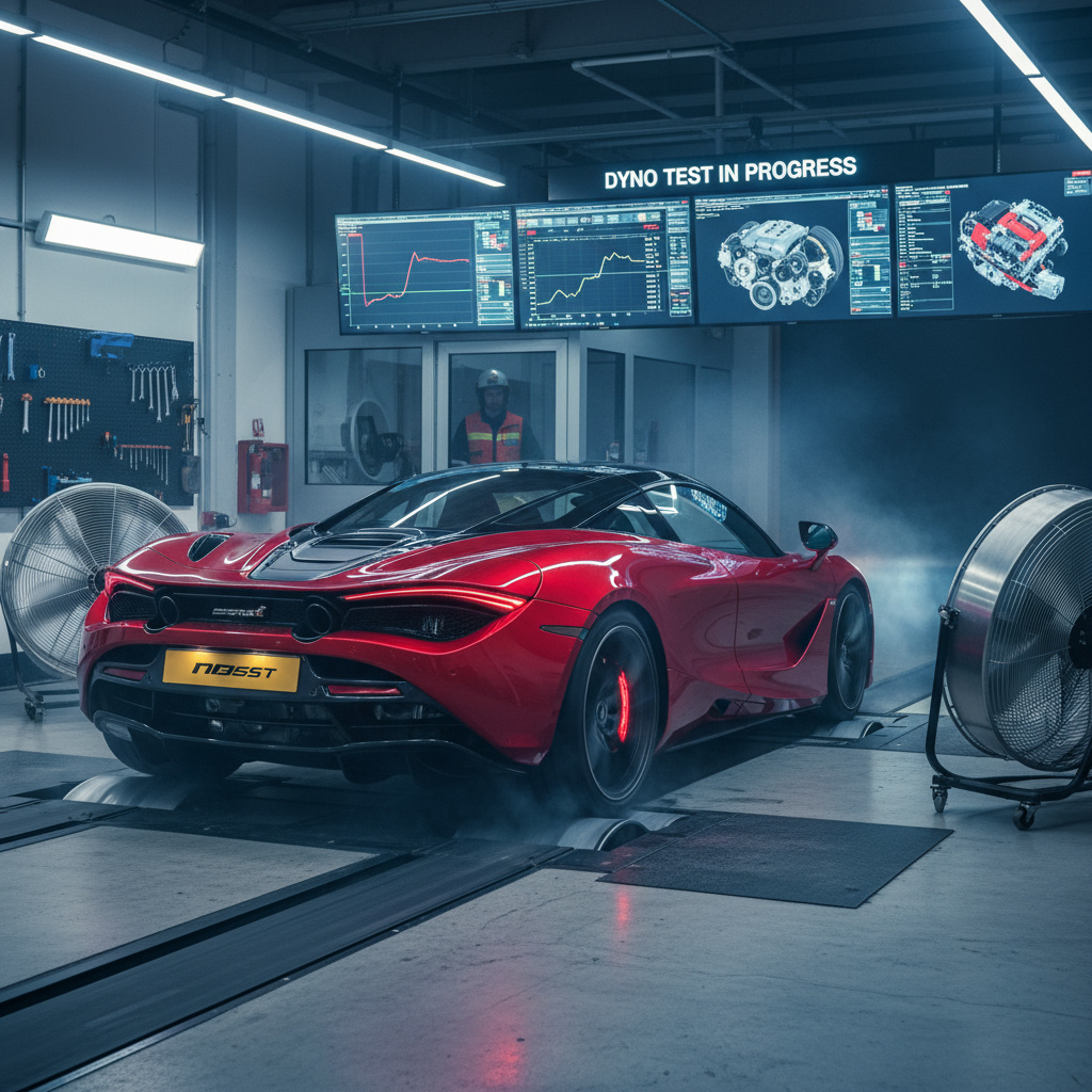 Fahrzeug auf dem Leistungsprüfstand mit Performance-Daten