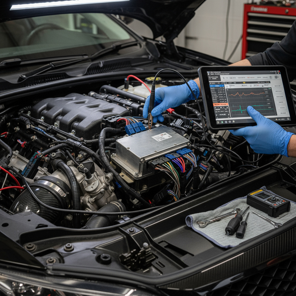 Techniker arbeitet am ECU mit modernen Diagnosetools